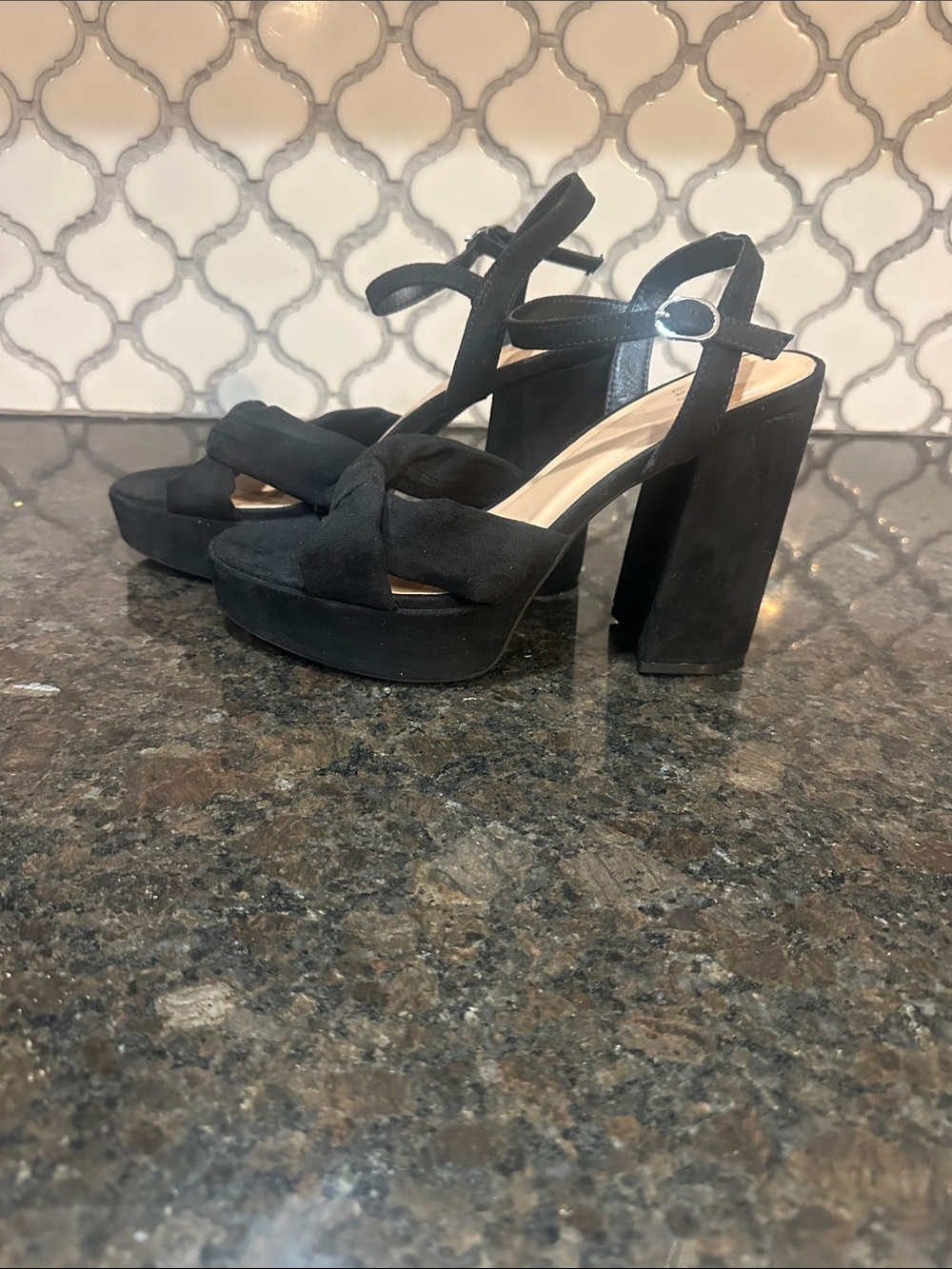 a new day Black Suede Platform Block Heel Sandals with Knotted Strap